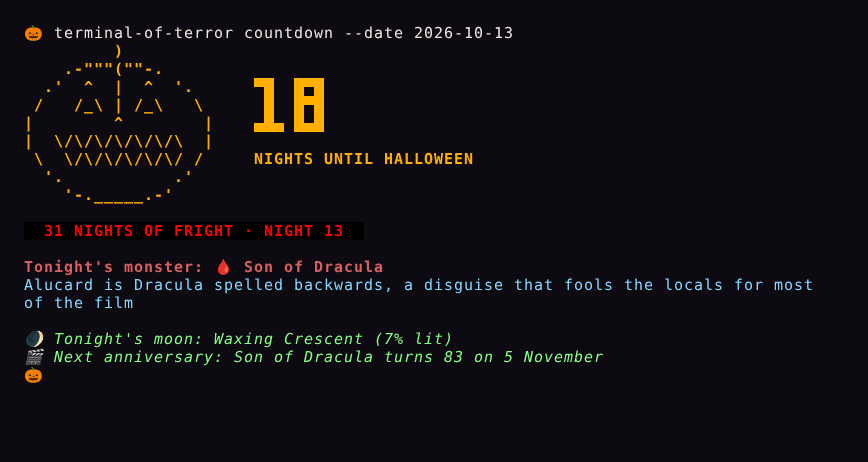 A jack-o'-lantern beside '18 nights until Halloween', with Night 13 of the 31 Nights of Fright featuring Son of Dracula