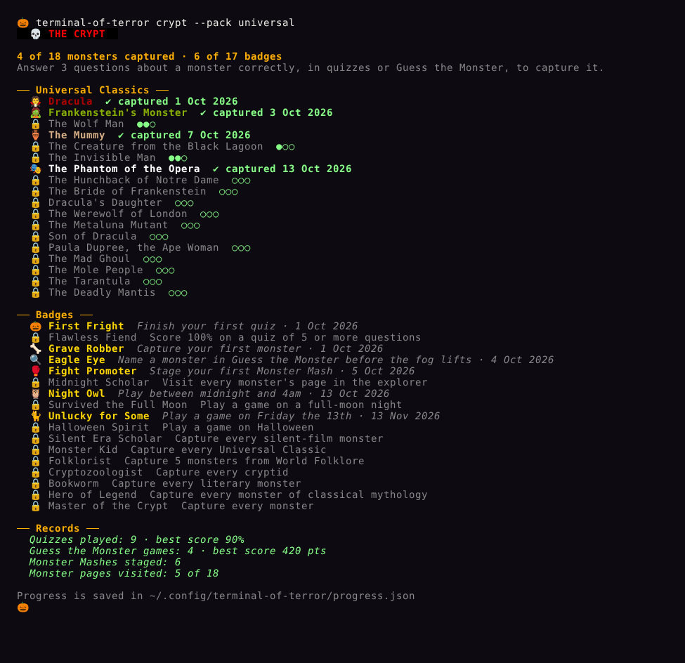 The Crypt: captured monsters, progress towards the rest, badges and records