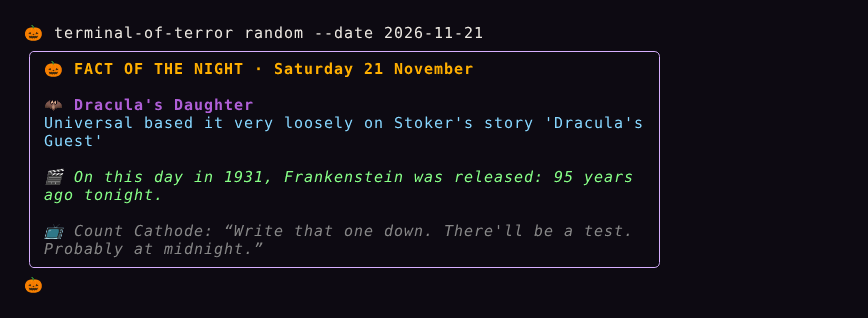 The Fact of the Night card for 21 November: a Dracula's Daughter fact, and a note that Frankenstein opened 95 years ago tonight